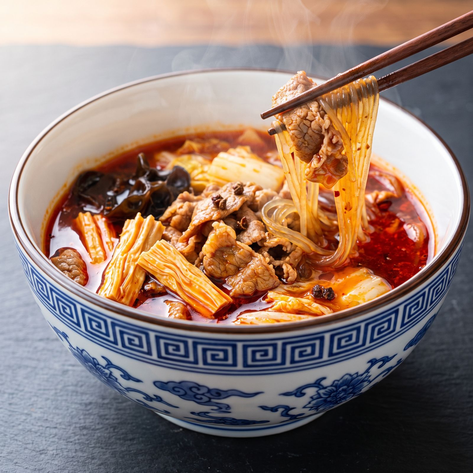Mala hotpot soup in a blue-and-white porcelain bowl, chopsticks lifting glass noodles and meat from red broth